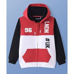 Pine Kids Cotton Knit Full Sleeves Hooded Sweatjacket With Cut & Sew Design & Text Print - Red & White