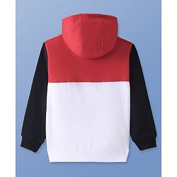 Pine Kids Cotton Knit Full Sleeves Hooded Sweatjacket With Cut & Sew Design & Text Print - Red & White