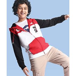Pine Kids Cotton Knit Full Sleeves Hooded Sweatjacket With Cut & Sew Design & Text Print - Red & White