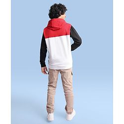 Pine Kids Cotton Knit Full Sleeves Hooded Sweatjacket With Cut & Sew Design & Text Print - Red & White