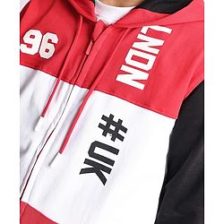 Pine Kids Cotton Knit Full Sleeves Hooded Sweatjacket With Cut & Sew Design & Text Print - Red & White