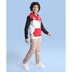 Pine Kids Cotton Knit Full Sleeves Hooded Sweatjacket With Cut & Sew Design & Text Print - Red & White