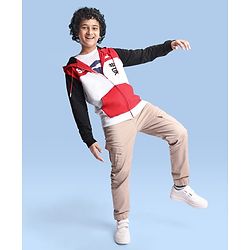 Pine Kids Cotton Knit Full Sleeves Hooded Sweatjacket With Cut & Sew Design & Text Print - Red & White