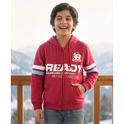 Pine Kids Cotton Knit Full Sleeves Hooded Sweatjacket With Text Print & Kangaroo Pockets - Red