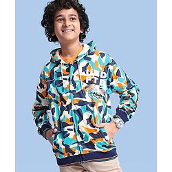 Pine Kids Knit Full Sleeves Hooded Front Open  Sweat Jacket Abstract Design - Blue & Orange