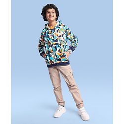 Pine Kids Knit Full Sleeves Hooded Front Open  Sweat Jacket Abstract Design - Blue & Orange