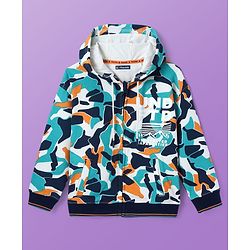Pine Kids Knit Full Sleeves Hooded Front Open  Sweat Jacket Abstract Design - Blue & Orange