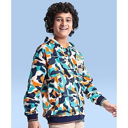 Pine Kids Knit Full Sleeves Hooded Front Open  Sweat Jacket Abstract Design - Blue & Orange