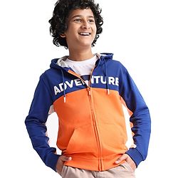 Pine Kids Cotton Knit Full Sleeves Hooded Sweatjacket With Cut & Sew Design & Text Print - Blue & Orange