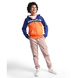 Pine Kids Cotton Knit Full Sleeves Hooded Sweatjacket With Cut & Sew Design & Text Print - Blue & Orange