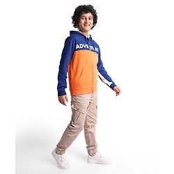 Pine Kids Cotton Knit Full Sleeves Hooded Sweatjacket With Cut & Sew Design & Text Print - Blue & Orange