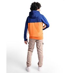 Pine Kids Cotton Knit Full Sleeves Hooded Sweatjacket With Cut & Sew Design & Text Print - Blue & Orange