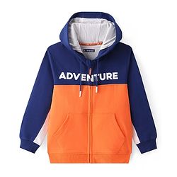 Pine Kids Cotton Knit Full Sleeves Hooded Sweatjacket With Cut & Sew Design & Text Print - Blue & Orange