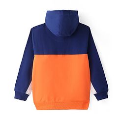 Pine Kids Cotton Knit Full Sleeves Hooded Sweatjacket With Cut & Sew Design & Text Print - Blue & Orange