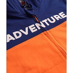 Pine Kids Cotton Knit Full Sleeves Hooded Sweatjacket With Cut & Sew Design & Text Print - Blue & Orange