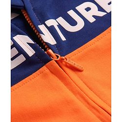 Pine Kids Cotton Knit Full Sleeves Hooded Sweatjacket With Cut & Sew Design & Text Print - Blue & Orange
