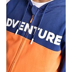 Pine Kids Cotton Knit Full Sleeves Hooded Sweatjacket With Cut & Sew Design & Text Print - Blue & Orange