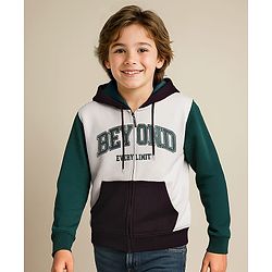 Pine Kids Cotton Knit Full Sleeves Hooded Sweat Jacket with Text Print & Kangaroo Pockets - Dark Green