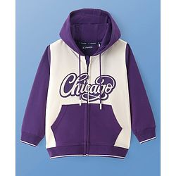 Pine Kids Cotton Knit Full Sleeves Front Open Hooded Sweatjacket with Text Print & Kangaroo Pockets - Purple