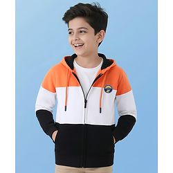 Pine Kids Cotton Knit Full Sleeves Front Open Hooded Sweatjacket with Colour Block Design & Patch Detailing - Orange