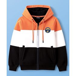 Pine Kids Cotton Knit Full Sleeves Front Open Hooded Sweatjacket with Colour Block Design & Patch Detailing - Orange