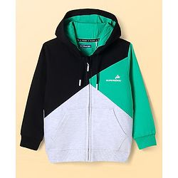 Pine Kids Cotton Knit Full Sleeves Cut & Sew Design Hooded Sweat Jacket with Kangaroo Pockets & Text Print - Green Black & Grey