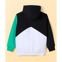 Pine Kids Cotton Knit Full Sleeves Cut & Sew Design Hooded Sweat Jacket with Kangaroo Pockets & Text Print - Green Black & Grey