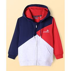 Pine Kids Cotton Knit Full Sleeves Cut & Sew Design Hooded Sweat Jacket with Kangaroo Pockets & Text Print - Red Blue & Grey