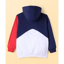 Pine Kids Cotton Knit Full Sleeves Cut & Sew Design Hooded Sweat Jacket with Kangaroo Pockets & Text Print - Red Blue & Grey