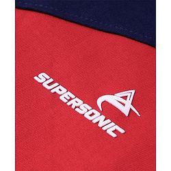 Pine Kids Cotton Knit Full Sleeves Cut & Sew Design Hooded Sweat Jacket with Kangaroo Pockets & Text Print - Red Blue & Grey