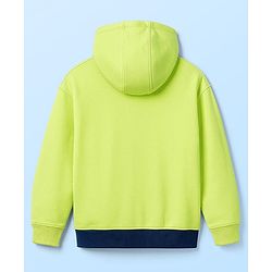 Pine Kids Cotton Knit Full Sleeves Hooded Front Open Sweatjacket with Cut & Sew Design & Text Print - Limegreen
