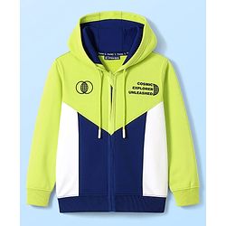 Pine Kids Cotton Knit Full Sleeves Hooded Front Open Sweatjacket with Cut & Sew Design & Text Print - Limegreen