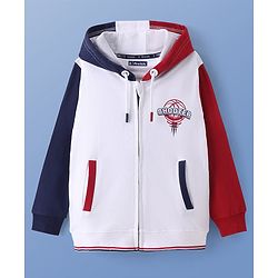 Pine Kids Cotton Knit Full Sleeves Front Open Hooded Sweatjacket With Ball Design - White