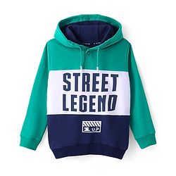 Pine Kids Cotton Full Sleeves Hooded Sweatshirt with Text Print - Sea Green