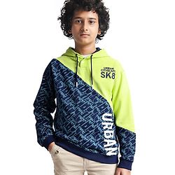 Pine Kids Cotton Knit Full Sleeves Hooded Sweatshirt With Abstract & Text Print- Blue & Neon Green