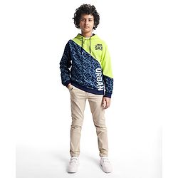 Pine Kids Cotton Knit Full Sleeves Hooded Sweatshirt With Abstract & Text Print- Blue & Neon Green