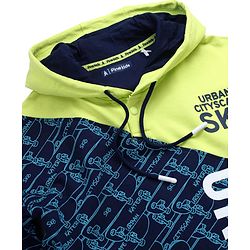 Pine Kids Cotton Knit Full Sleeves Hooded Sweatshirt With Abstract & Text Print- Blue & Neon Green