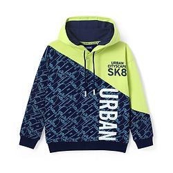 Pine Kids Cotton Knit Full Sleeves Hooded Sweatshirt With Abstract & Text Print- Blue & Neon Green