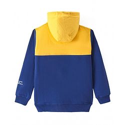 Pine Kids Cotton Knit Full Sleeves Hooded Sweatshirt with Cut & Sew Design & Text Print - Yellow & Navy Blue