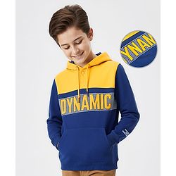 Pine Kids Cotton Knit Full Sleeves Hooded Sweatshirt with Cut & Sew Design & Text Print - Yellow & Navy Blue