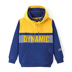 Pine Kids Cotton Knit Full Sleeves Hooded Sweatshirt with Cut & Sew Design & Text Print - Yellow & Navy Blue