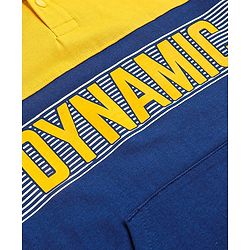 Pine Kids Cotton Knit Full Sleeves Hooded Sweatshirt with Cut & Sew Design & Text Print - Yellow & Navy Blue