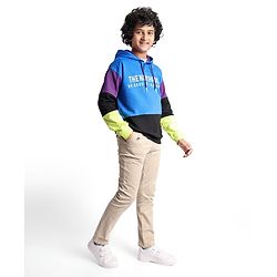Pine Kids Cotton Knit Full Sleeves Text Printed Colour Block Hooded Sweatshirt - Blue