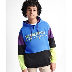 Pine Kids Cotton Knit Full Sleeves Text Printed Colour Block Hooded Sweatshirt - Blue