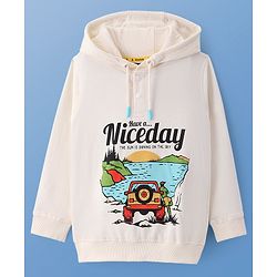 Pine Kids Cotton Knit Full Sleeves Hooded Sweat Shirt With Car Print - White