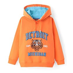 Pine Kids Cotton Knit Full Sleeves Hooded Sweatshirt  with Tiger Design - Orange