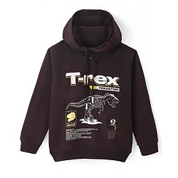 Pine Kids Cotton Knit Full Sleeves Hooded Sweatshirt with Dino Print - Brown