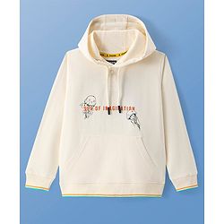 Pine Kids Cotton Knit Full Sleeves Hooded Sweatshirt with Front Back Jellyfish Print & Kangaroo Pockets - Off White
