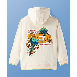 Pine Kids Cotton Knit Full Sleeves Hooded Sweatshirt with Front Back Jellyfish Print & Kangaroo Pockets - Off White