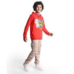 Pine Kids Cotton Knitted Full Sleeves Hooded Sweatshirt With Text Print - Red